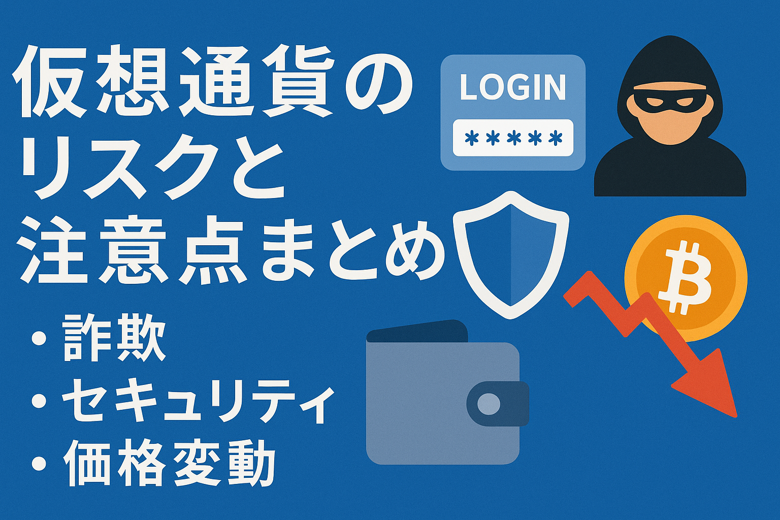 仮想通貨のリスクと注意点をまとめた日本語の情報グラフィック。詐欺、セキュリティ、価格変動のアイコン付き。