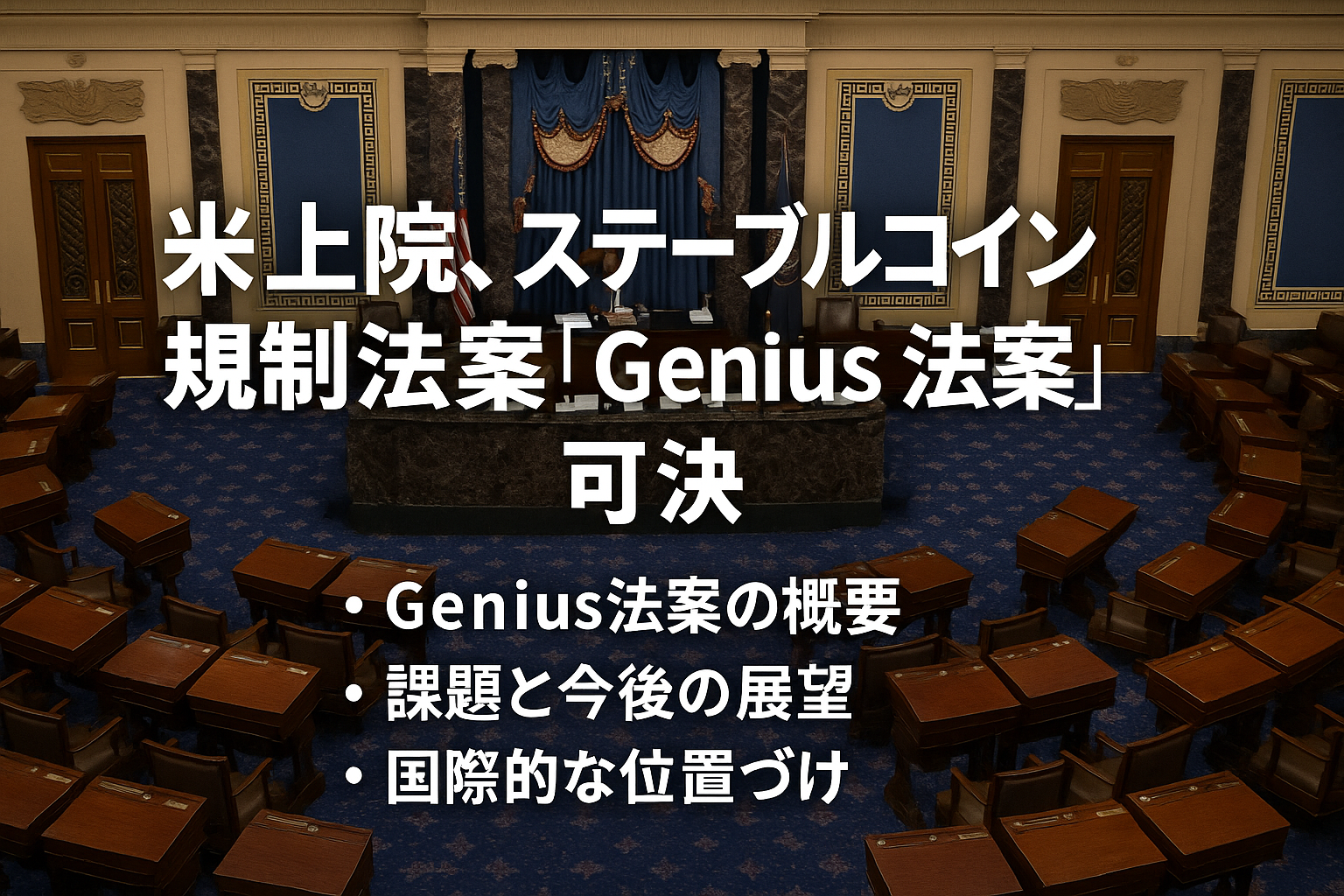 米上院議場と『Genius法案』可決を知らせるテキスト入り画像